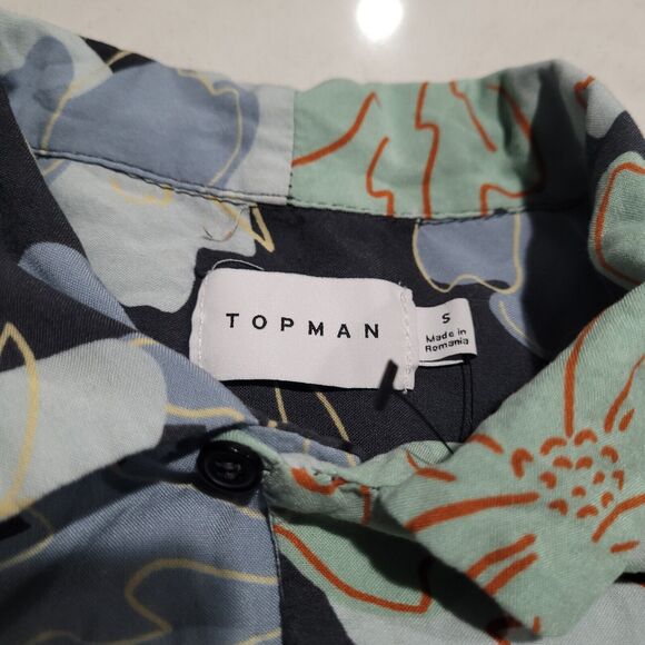 Topman Spliced Floral Hibiscus Viscose Green & BLUE Tropical Hawaiian Shirt NWOT - Picture 7 of 10
